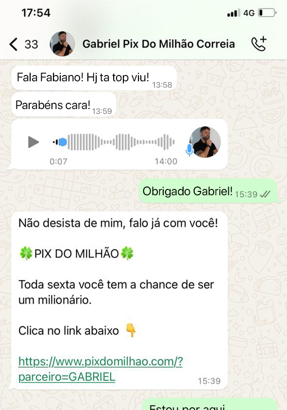 Print de conversa com Gabriel Pix do Milhão