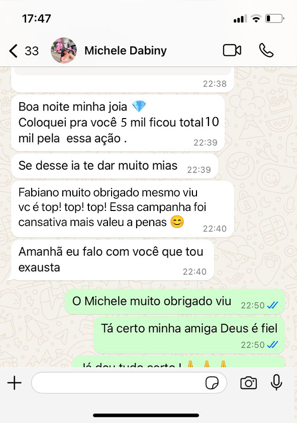 Print de conversa com Michele Dabiny
